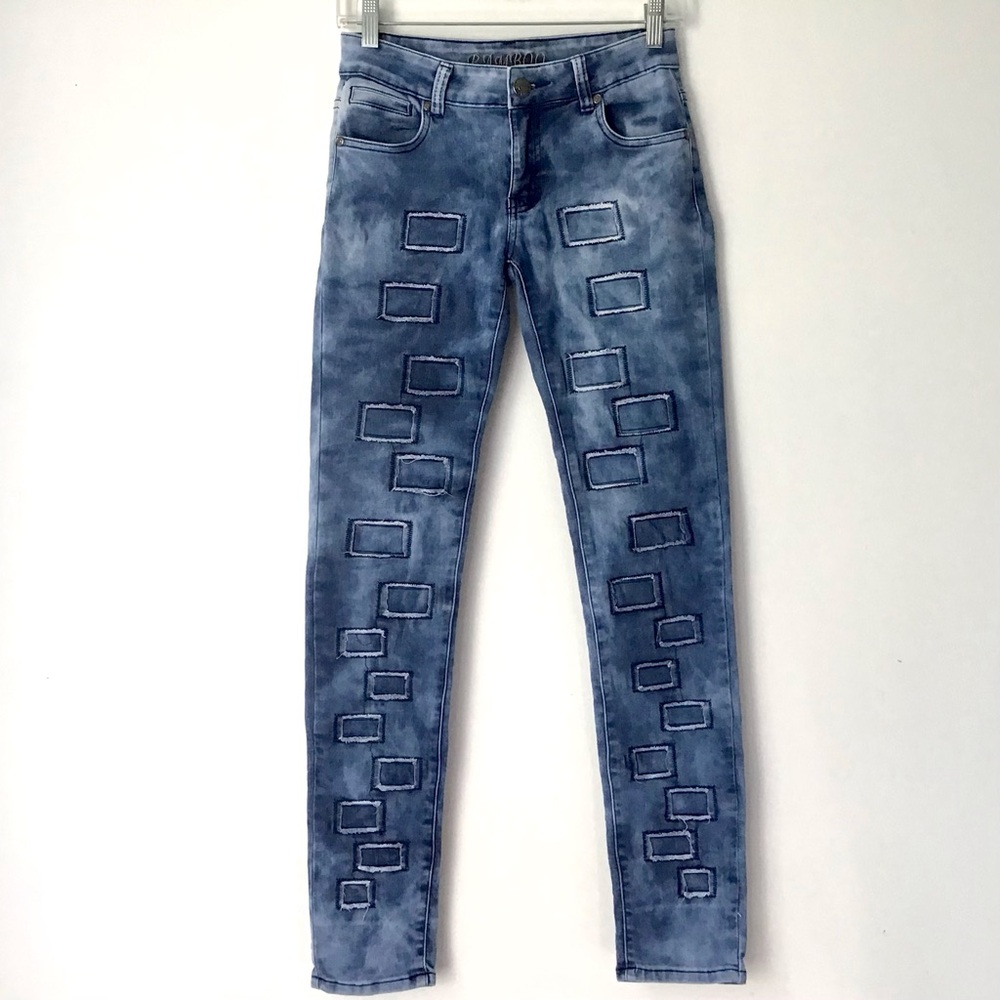 Bamboo Patchwork Denim Jeans Size 5 Raw-Edge Patches Soft Stretchy Skinny Fit